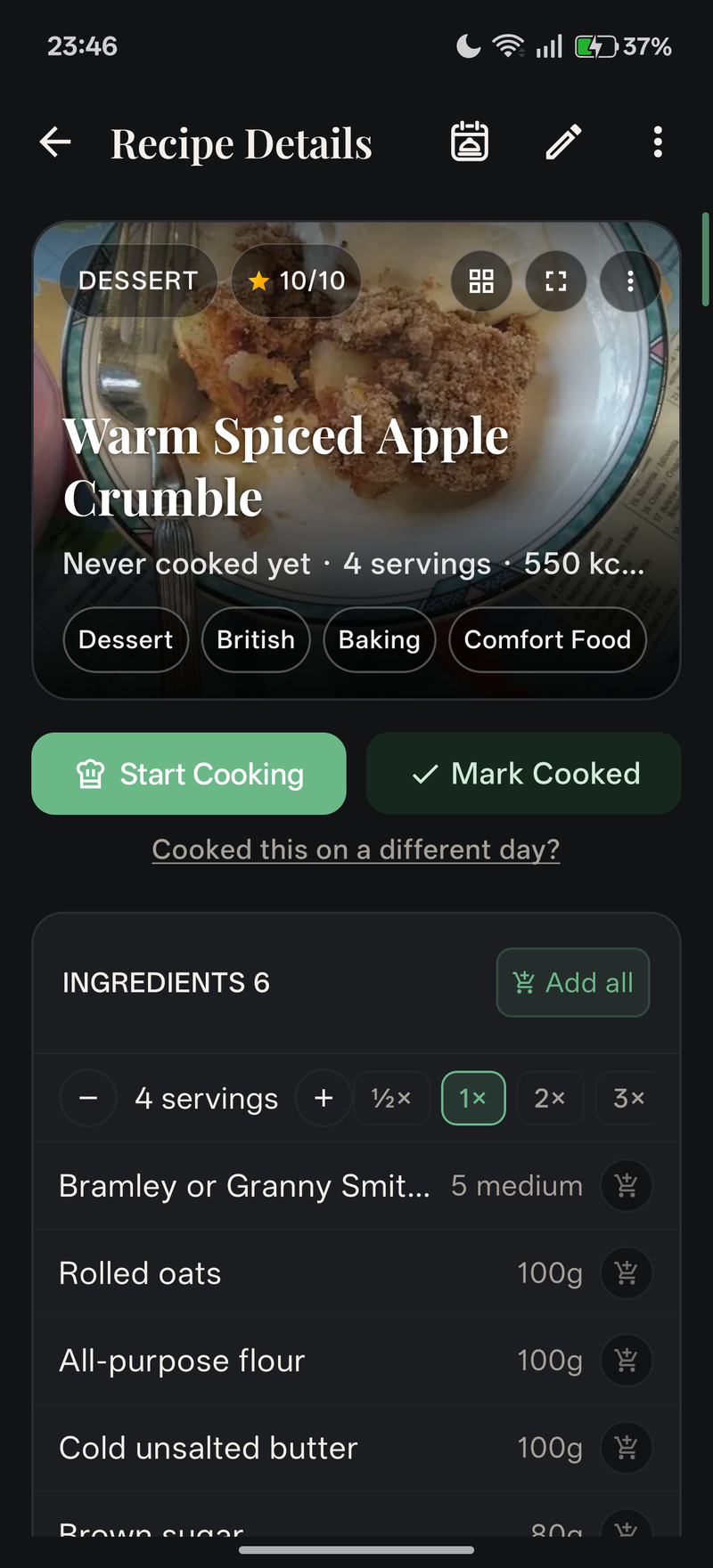 Dish Details & Cooking Instructions (Dark Mode)